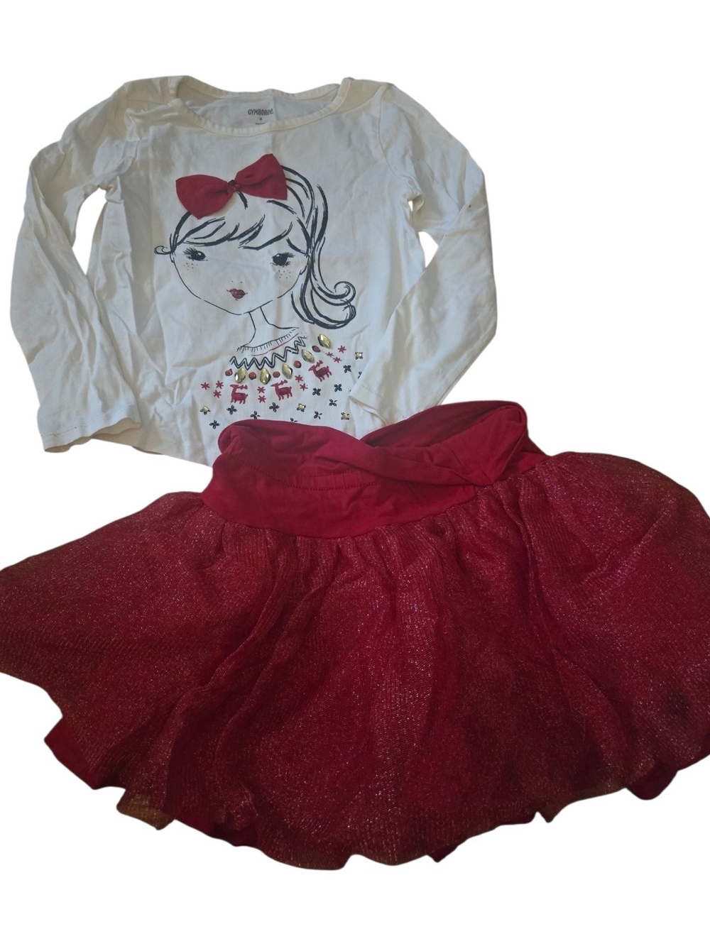 Gymboree White Top and Red Sparkle Skirt Girls Matching Set